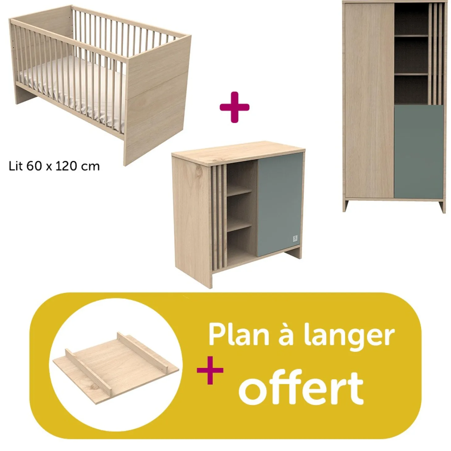 Chambre bébé complète Tokyo : lit 12x160 commode , Amoire plan offert de Sauthon