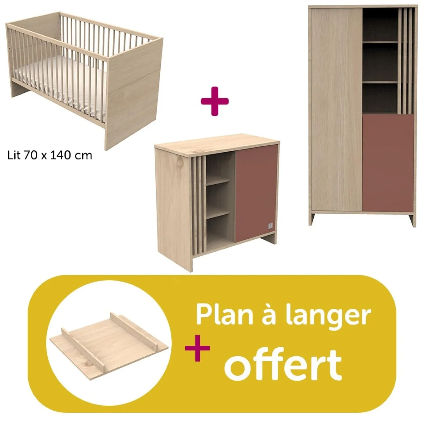 Chambre bébé complète Tokyo : lit 140x70 commode, Amoire plan offert de Sauthon