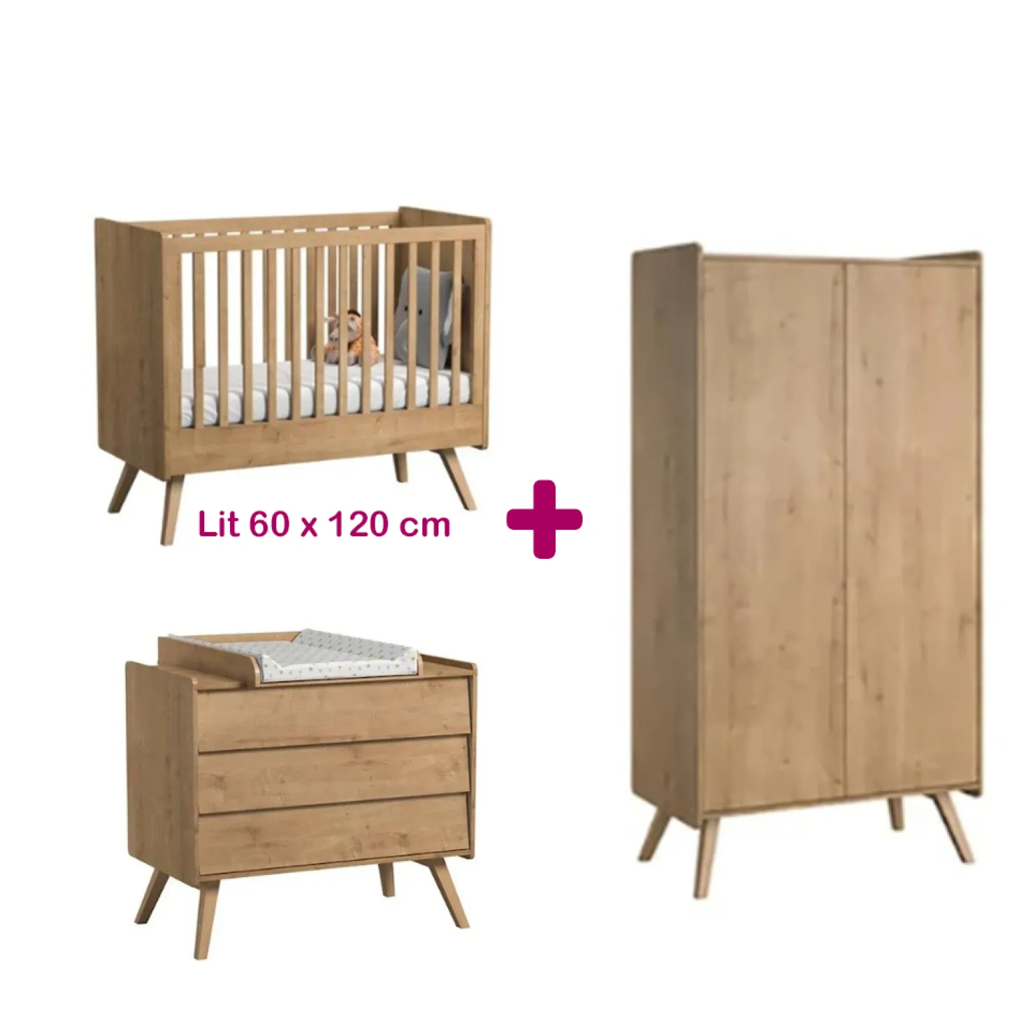 Chambre bébé complète Vintage : Lit 60x120, commode, armoire, plan à langer de Vox