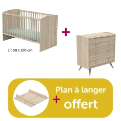 Chambre bébé duo Access bois : lit 60x120, commode, plan à langer offert                            de Sauthon