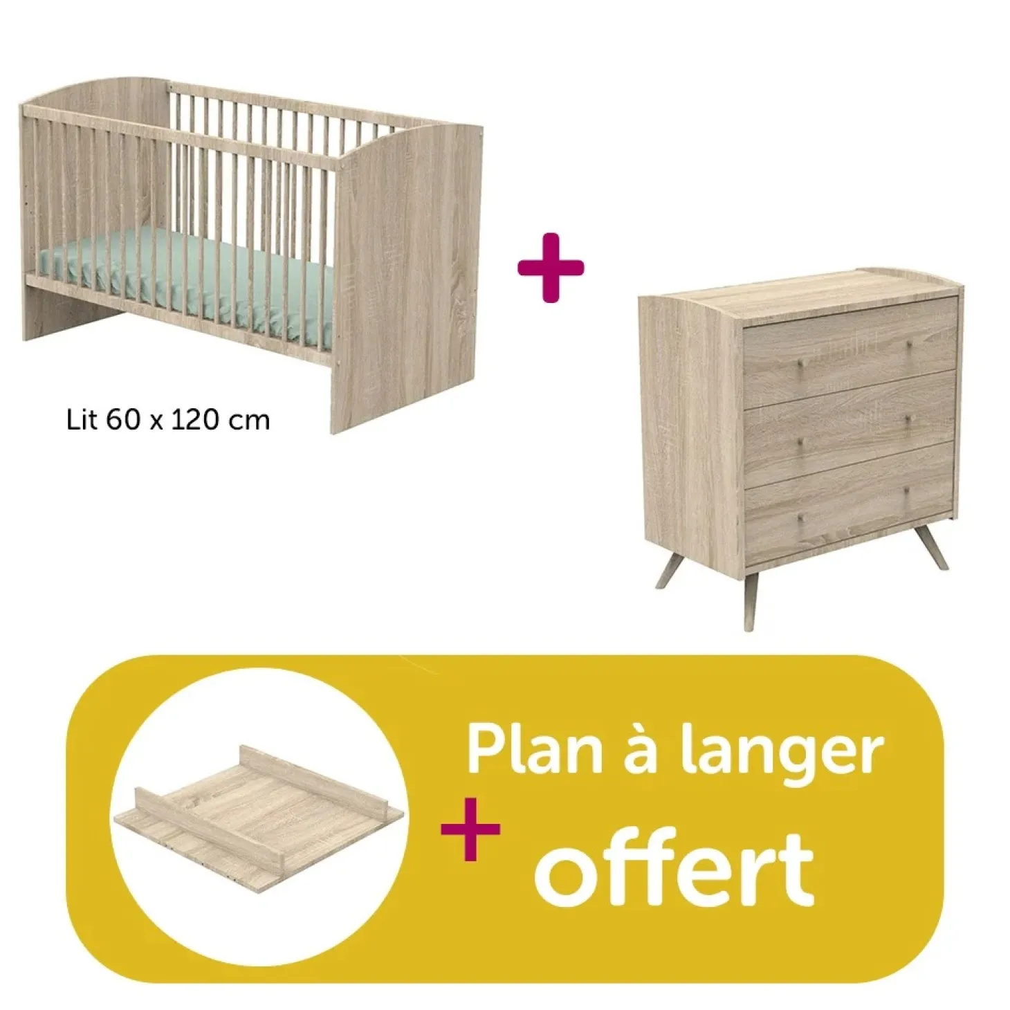 Chambre bébé duo Access bois : lit 60x120, commode, plan à langer offert de Sauthon