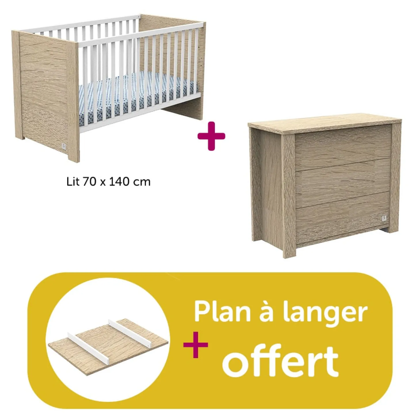 Chambre bébé duo Antonin Bois, lit 70x140, commode, plan à langer offert de Sauthon