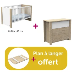 Chambre bébé duo Antonin: lit 70x140,  commode, plan à langer offert                            de Sauthon