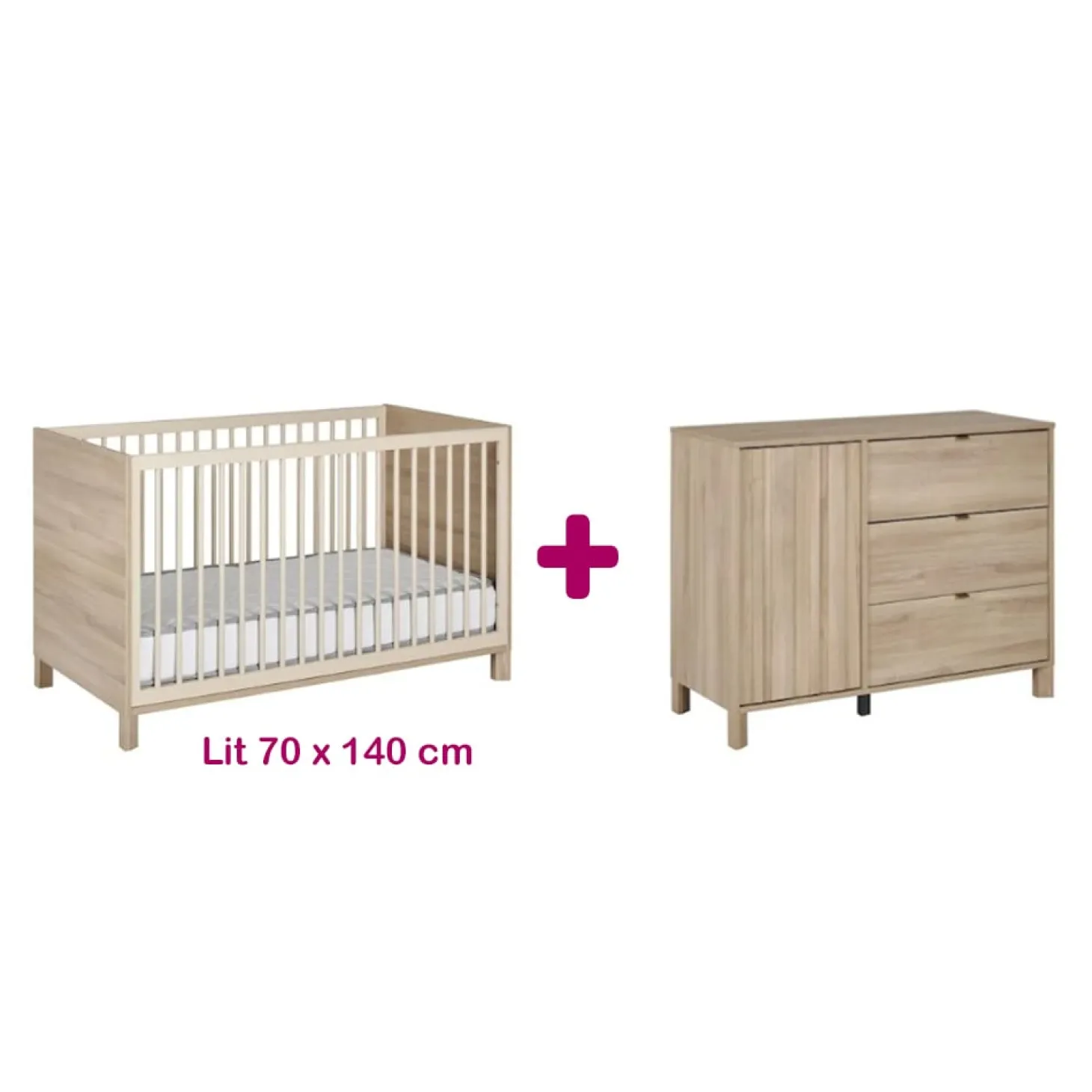 Chambre bébé duo Calypso Chêne: Lit bébé 70x140, Commode 3 tiroirs 1 porte de Galipette