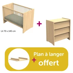 Chambre bébé duo Cannelle Chêne Miel: lit 140x70 , commode, plan à langer offert                             de Sauthon