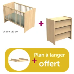 Chambre bébé duo Cannelle Chêne Miel: lit 60x120, commode                            de Sauthon