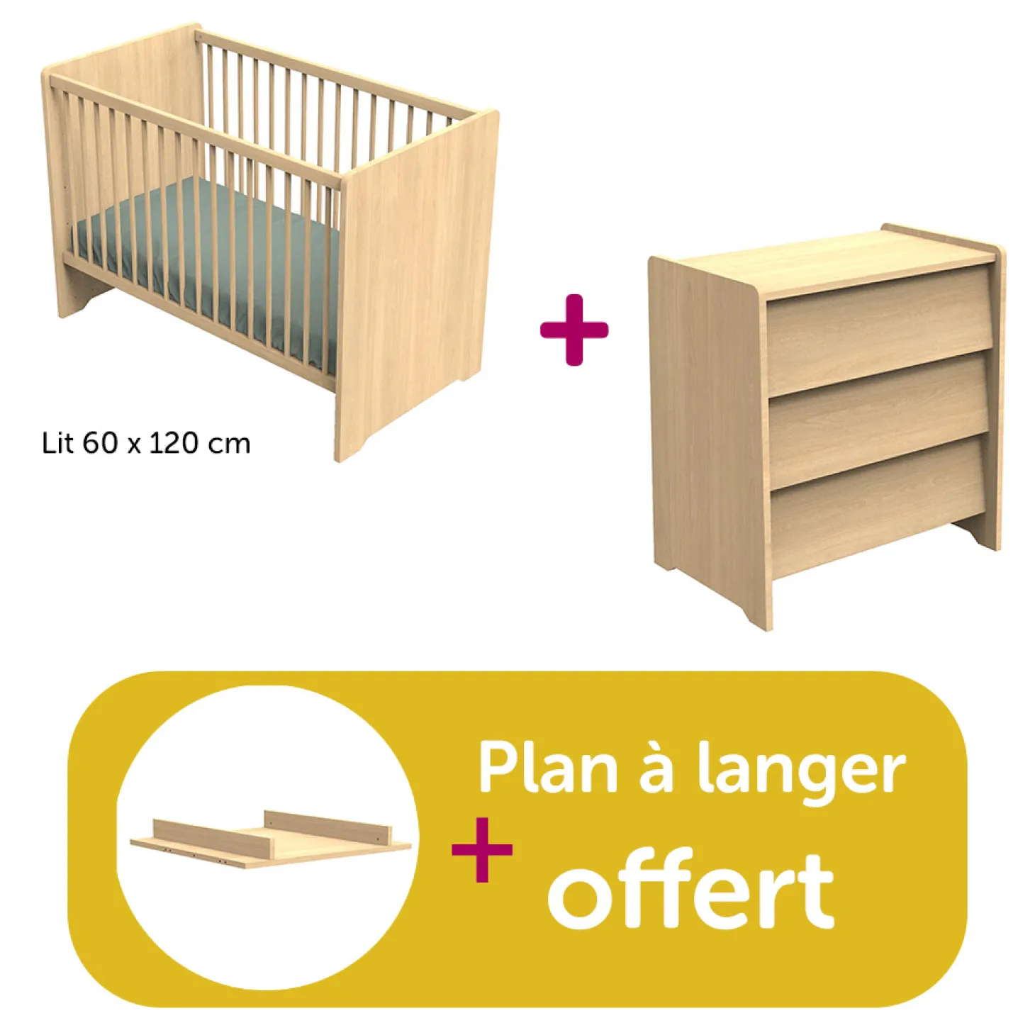Chambre bébé duo Cannelle Chêne Miel: lit 60x120, commode de Sauthon