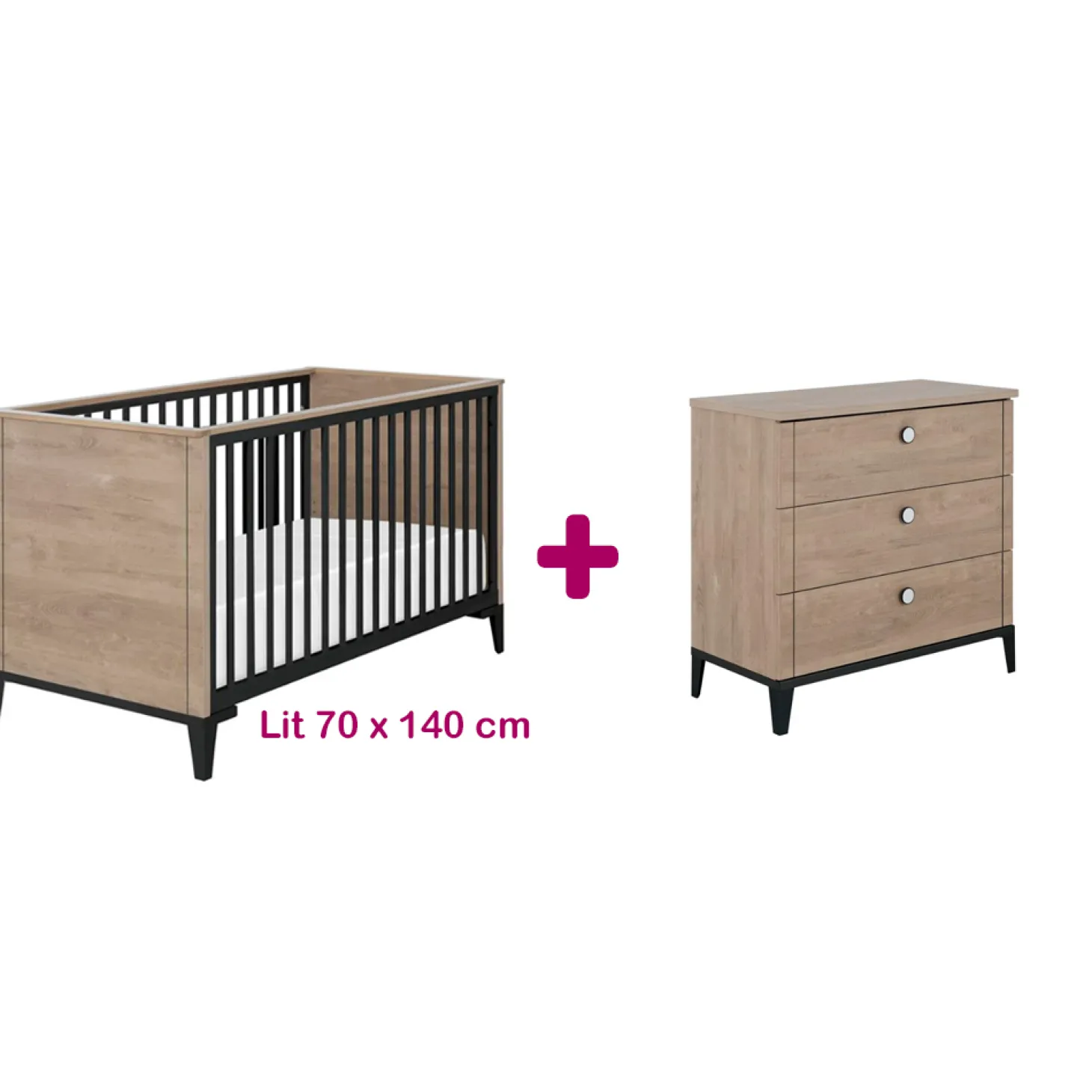 Chambre bébé duo Marcel Chêne Blond Et Noir : Lit 70x140, Commode 3 tiroirs de Galipette 3 avis