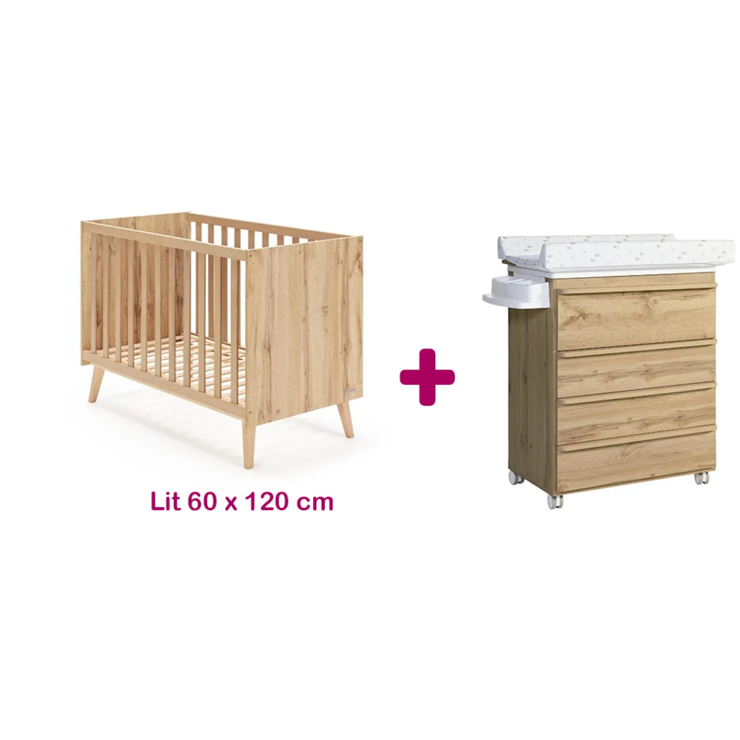 Chambre bébé duo Martha : lit 60x120, commode à langer avec baignoire de Micuna