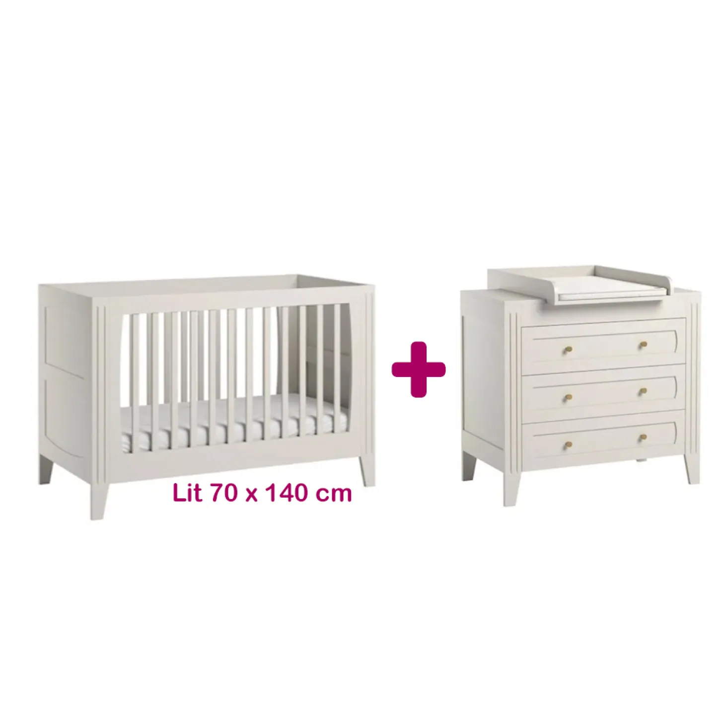 Chambre bébé duo Milenne : Lit blanc 70x140, commode, plan à langer de Vox