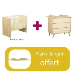 Chambre bébé duo Mélinée: Lit bébé transformable 60x120, Commode 3 tiroirs,plan offert de Sauthon