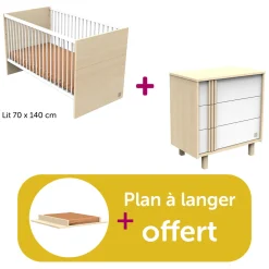 Chambre bébé duo Nature : lit LITTLE BIG BED 140x70, commode, plan offert                            de Sauthon