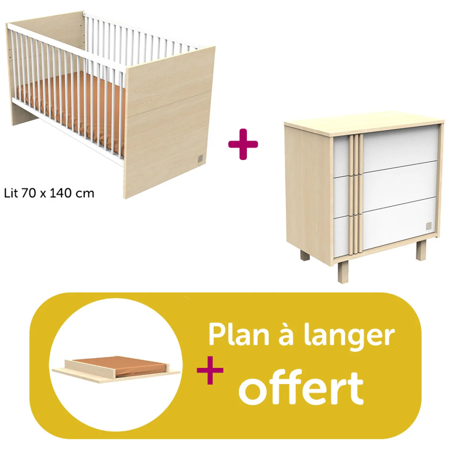 Chambre bébé duo Nature : lit LITTLE BIG BED 140x70, commode, plan offert de Sauthon