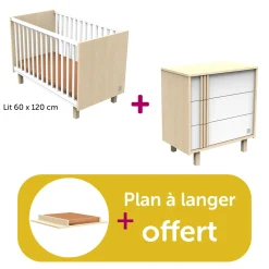 Chambre bébé duo Nature : lit 120x60 commode, plan offert                            de Sauthon