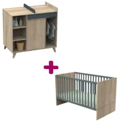 Chambre bébé duo Nova : lit 70x140, commode à langer évolutive                            de Sauthon