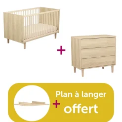 Chambre bébé duo Paloma : Lit bébé70x140  évolutif, Commode 3 tiroirs, Plan  à langer bois offert                             de Sauthon