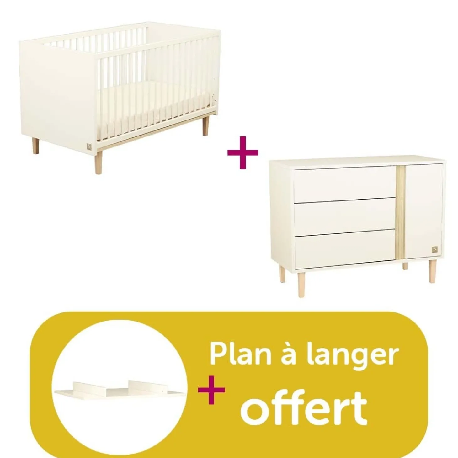 Chambre bébé duo Paloma : Little Big Bed 140X70, Commode 3 Tiroirs 1 Porte, Dispositif A Langer Grand modèle Blanc de Sauthon