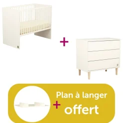 Chambre bébé duo Paloma : Lit 120 X 60, Commode  3 Tiroirs,  plan petit modèle blanc offert                             de Sauthon