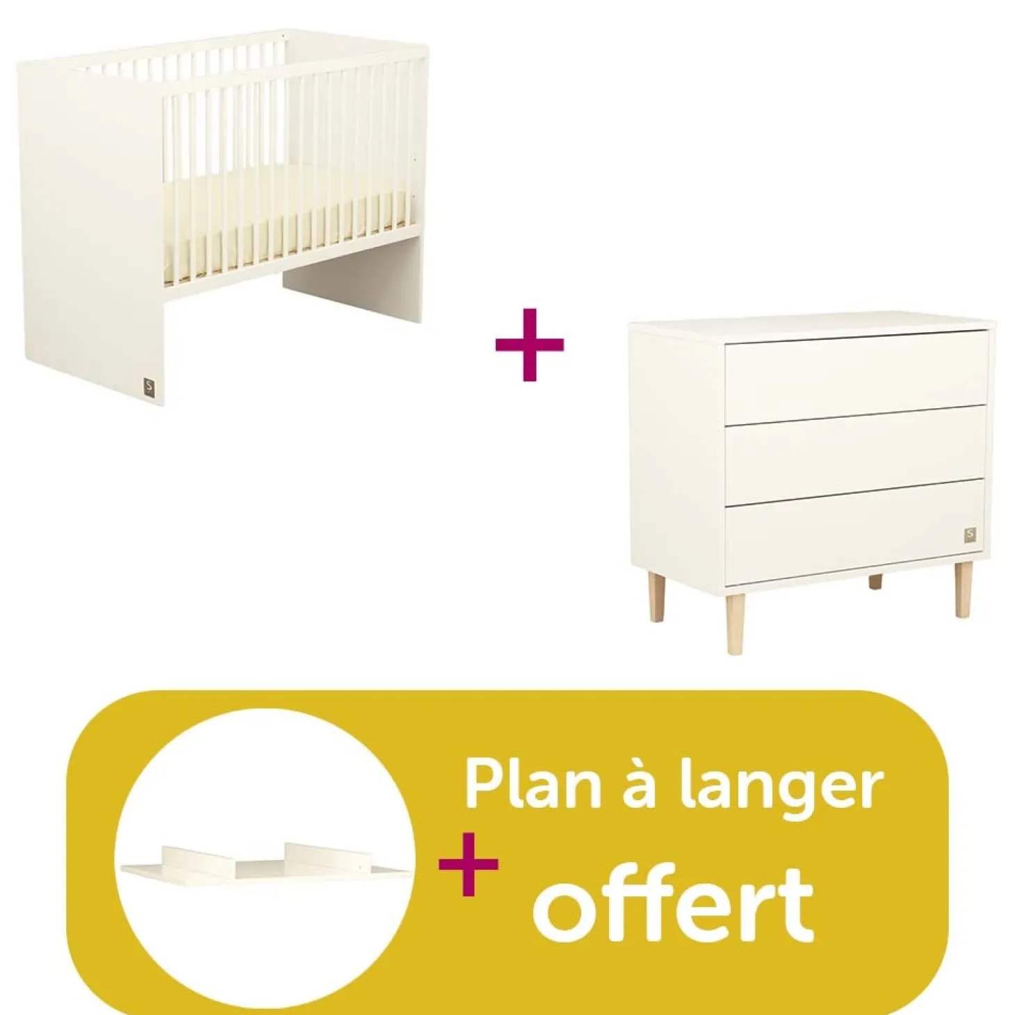 Chambre bébé duo Paloma : Lit 120 X 60, Commode 3 Tiroirs, plan petit modèle blanc offert de Sauthon