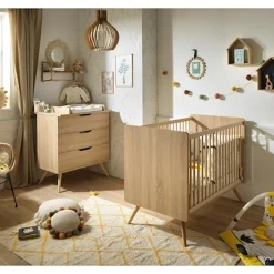 Chambre bébé duo Sixties : Lit bébé 60x120 cm Bois Chêne doré, Commode 3 Tiroirs Bois Chêne doré de Sauthon