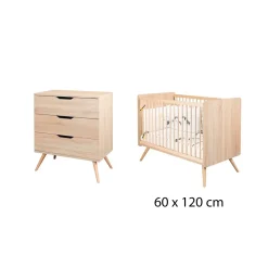 Chambre bébé duo Sixties : Lit bébé 60x120 cm Bois Chêne doré, Commode 3 Tiroirs Bois Chêne doré                             de Sauthon