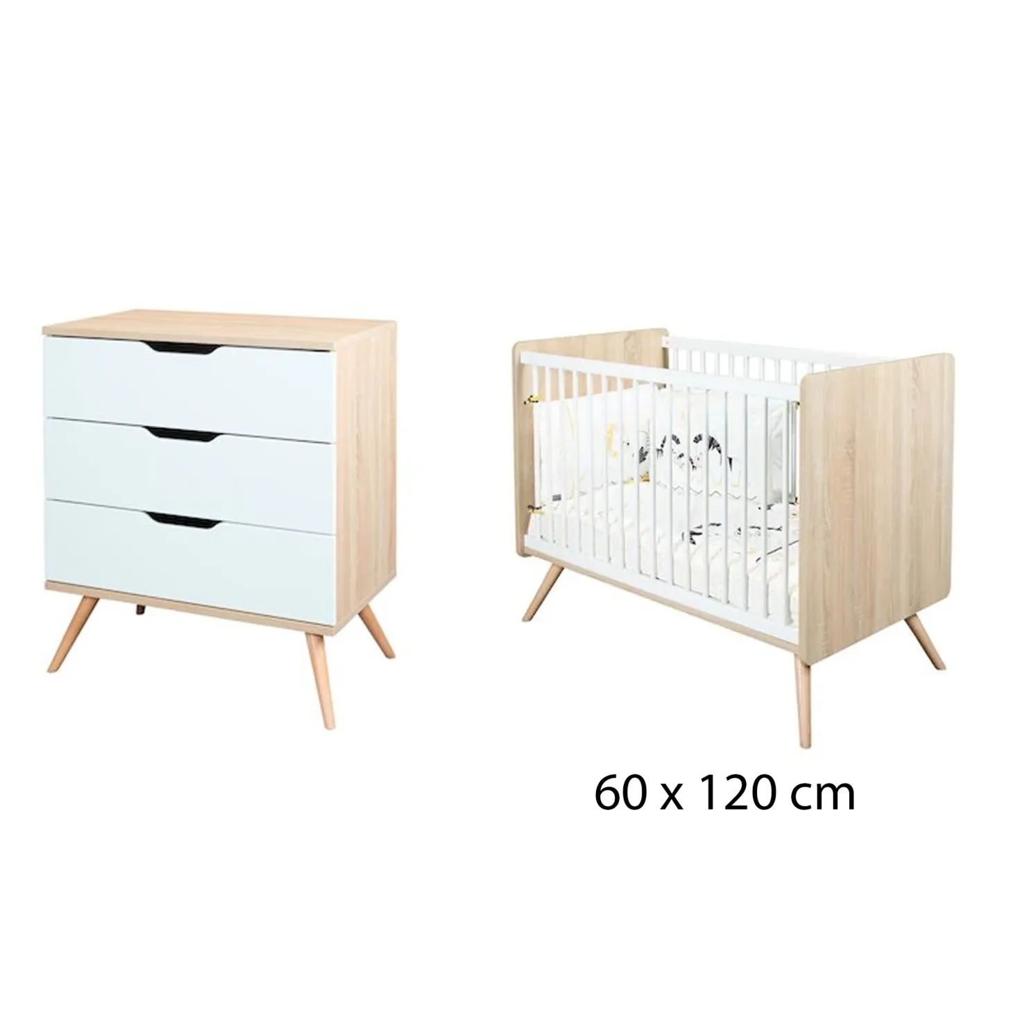 Chambre bébé duo Sixties : Lit bébé 60x120 cm Bois Chêne doré / Blanc, Commode 3 Tiroirs de Sauthon