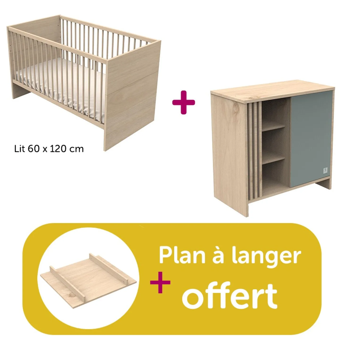 Chambre bébé duo Tokyo : lit 60x120 commode, plan offert de Sauthon