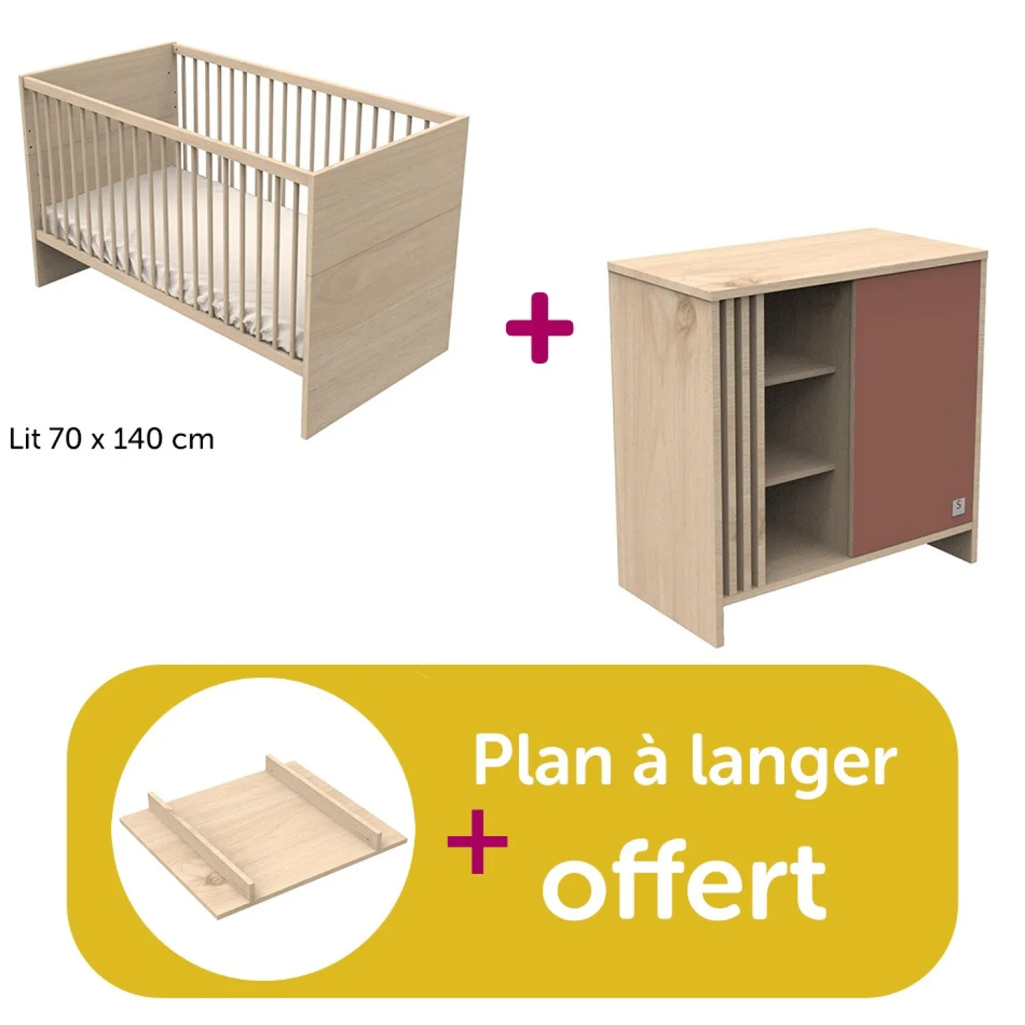 Chambre bébé duo Tokyo Tokyo : lit 140x70 commode, plan offert de Sauthon