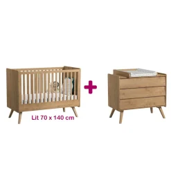 Chambre bébé duo Vintage : Lit bébé 70x140, commode en bois, plan à langer                             de Vox