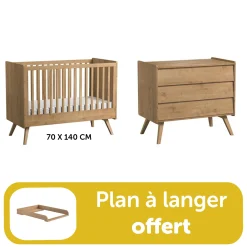 Chambre bébé Duo Vintage : Lit 70x140, commode Bois, plan à langer offert                            de Vox
