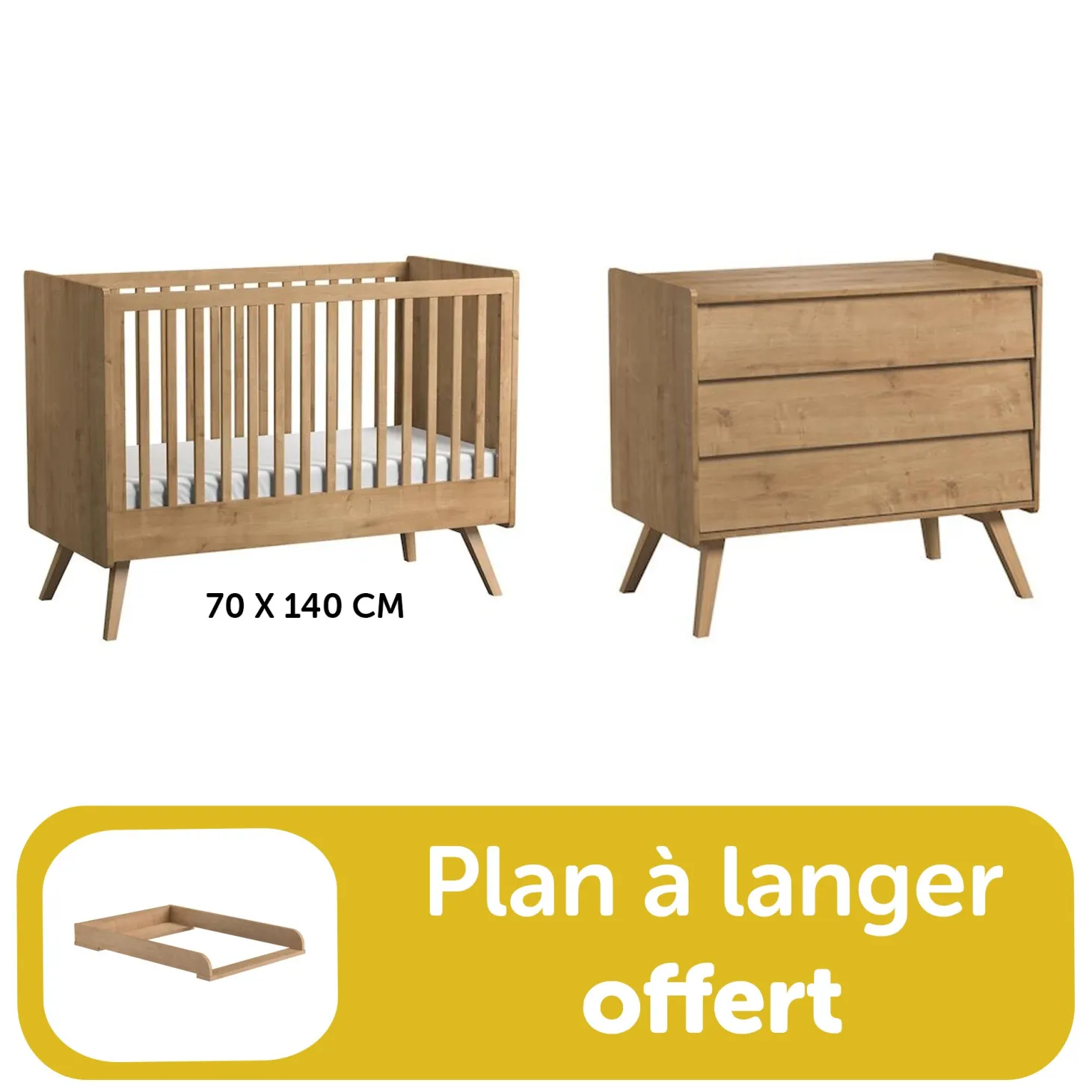 Chambre bébé Duo Vintage : Lit 70x140, commode Bois, plan à langer offert de Vox