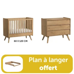Chambre bébé Duo Vintage : Lit 60x120, commode Bois, plan à langer offert                            de Vox