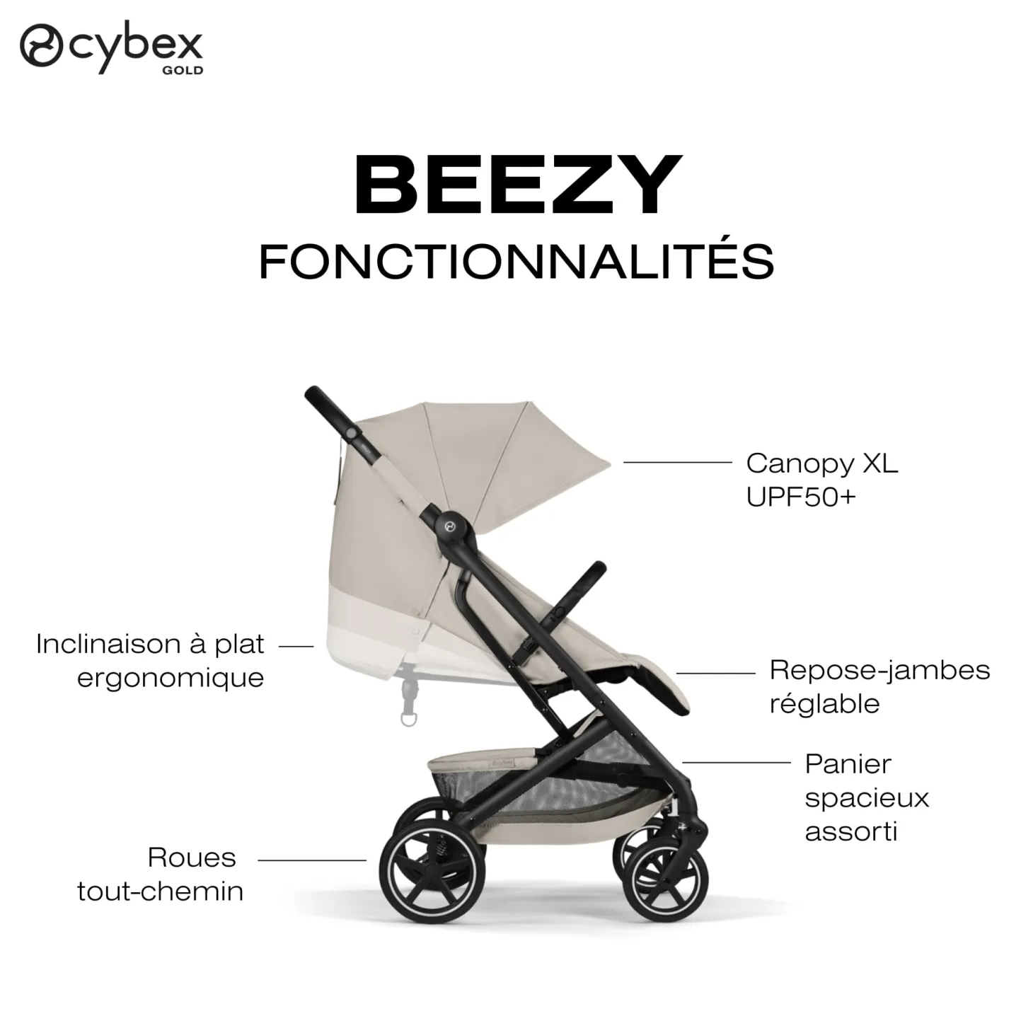 Cybex Poussette Compacte et Citadine Beezy Châssis Noir- Dune Grey