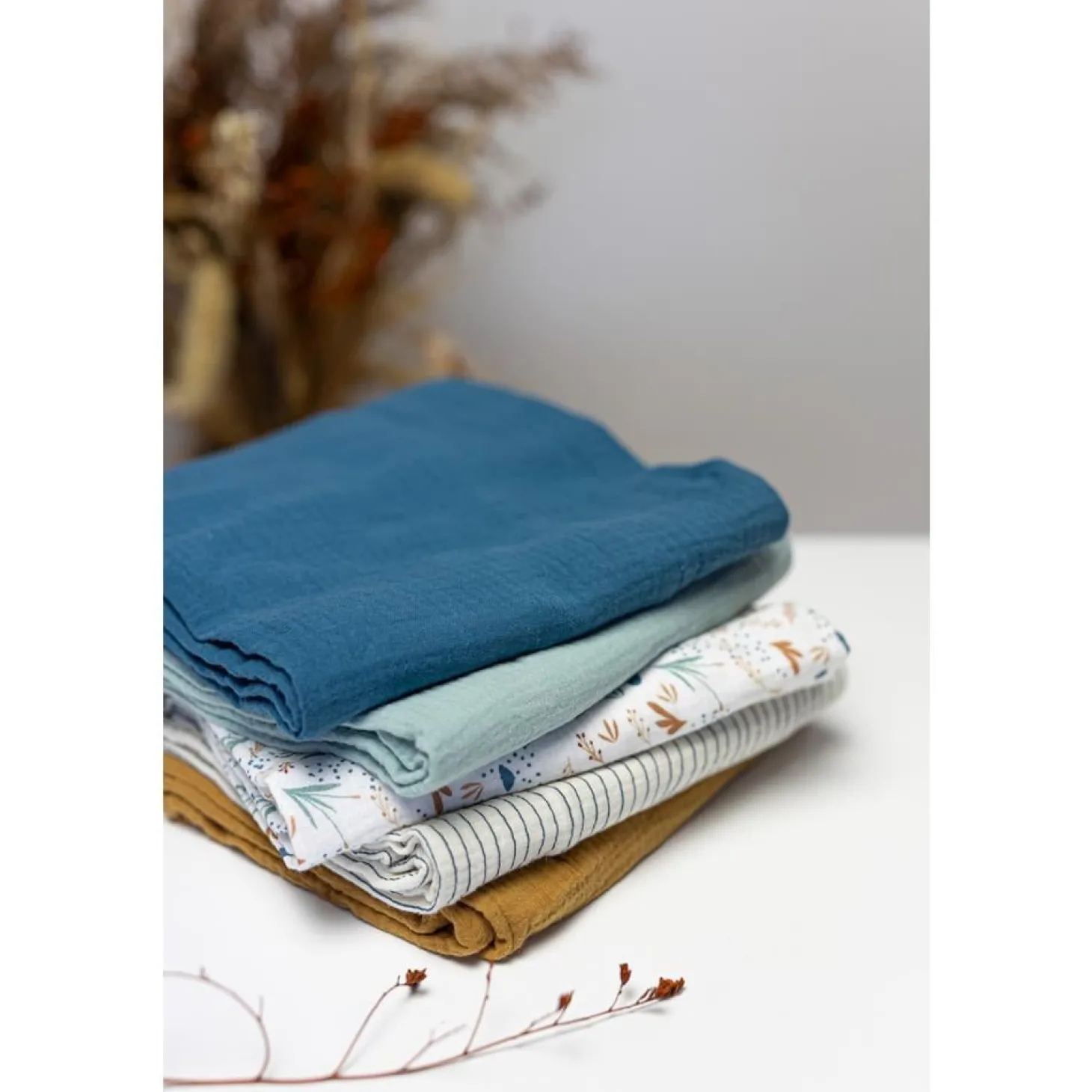 Domiva Lot 3 Langes bambou 1 imprimé et 2unis Bleu Indigo 60x60 cm
