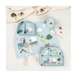 Done by Deer Assiette ventouse compartiments Tiny farm Stick&Stay Bleu