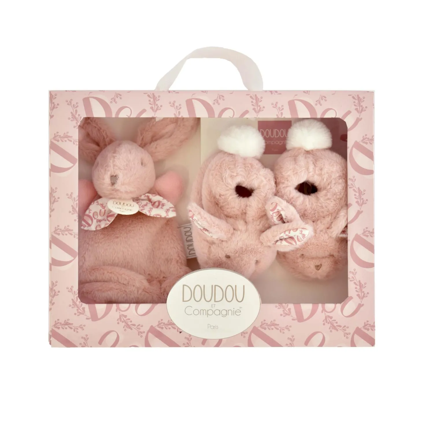 Doudou & Compagnie Coffret chaussons et doudou lapin Rose