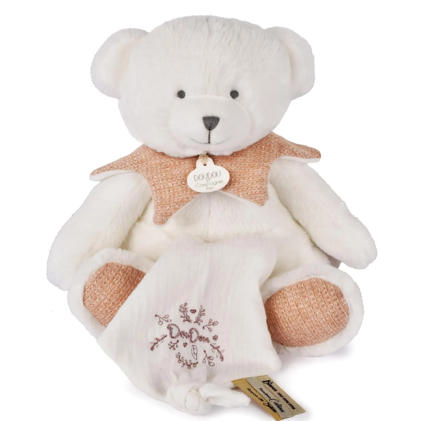 Doudou & Compagnie Doudou 24 ans ours pantin avec doudou mouchoir Rose 30 cm