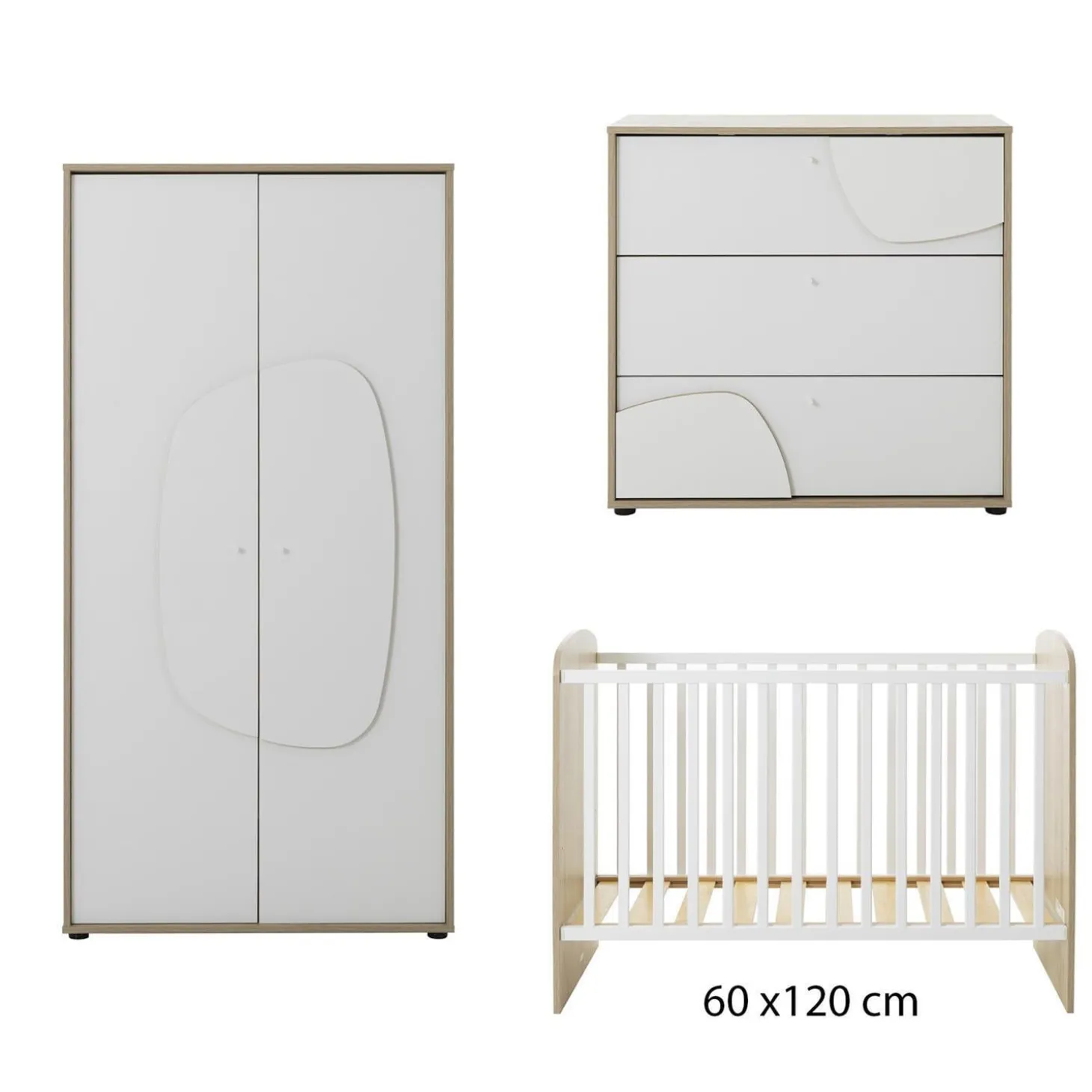 Galipette Trio Lit + Commode 3 tiroirs + Armoire 2 portes Basile Châtaignier Naturel 60x120 cm