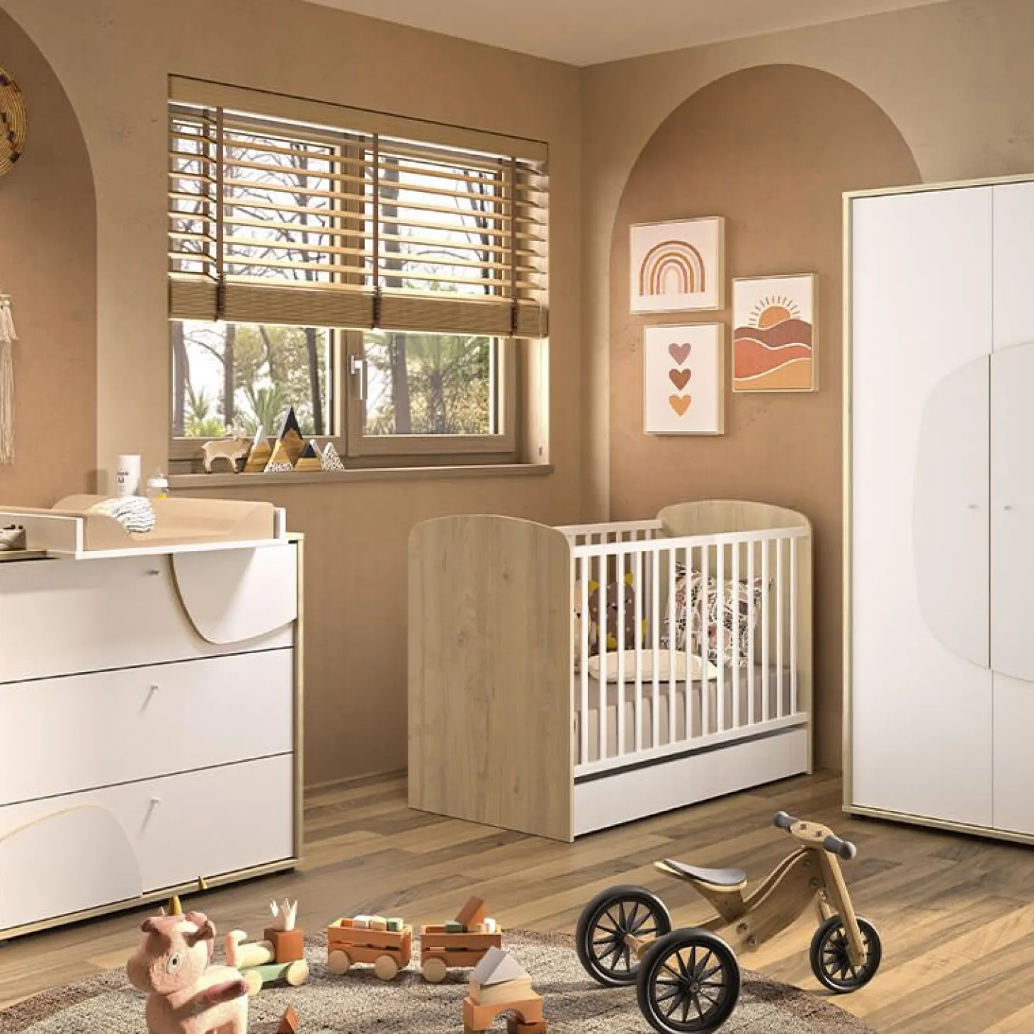 Galipette Trio Lit + Commode 3 tiroirs + Armoire 2 portes Basile Châtaignier Naturel 60x120 cm