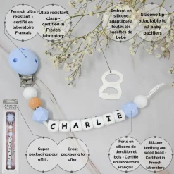 Irréversible Bijoux Attache-sucette silicone personnalisable Bois Et Bleu 22 cm