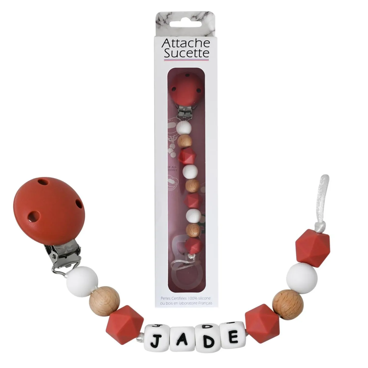 Irréversible Bijoux Attache-sucette silicone personnalisable rouille et bois 22 cm