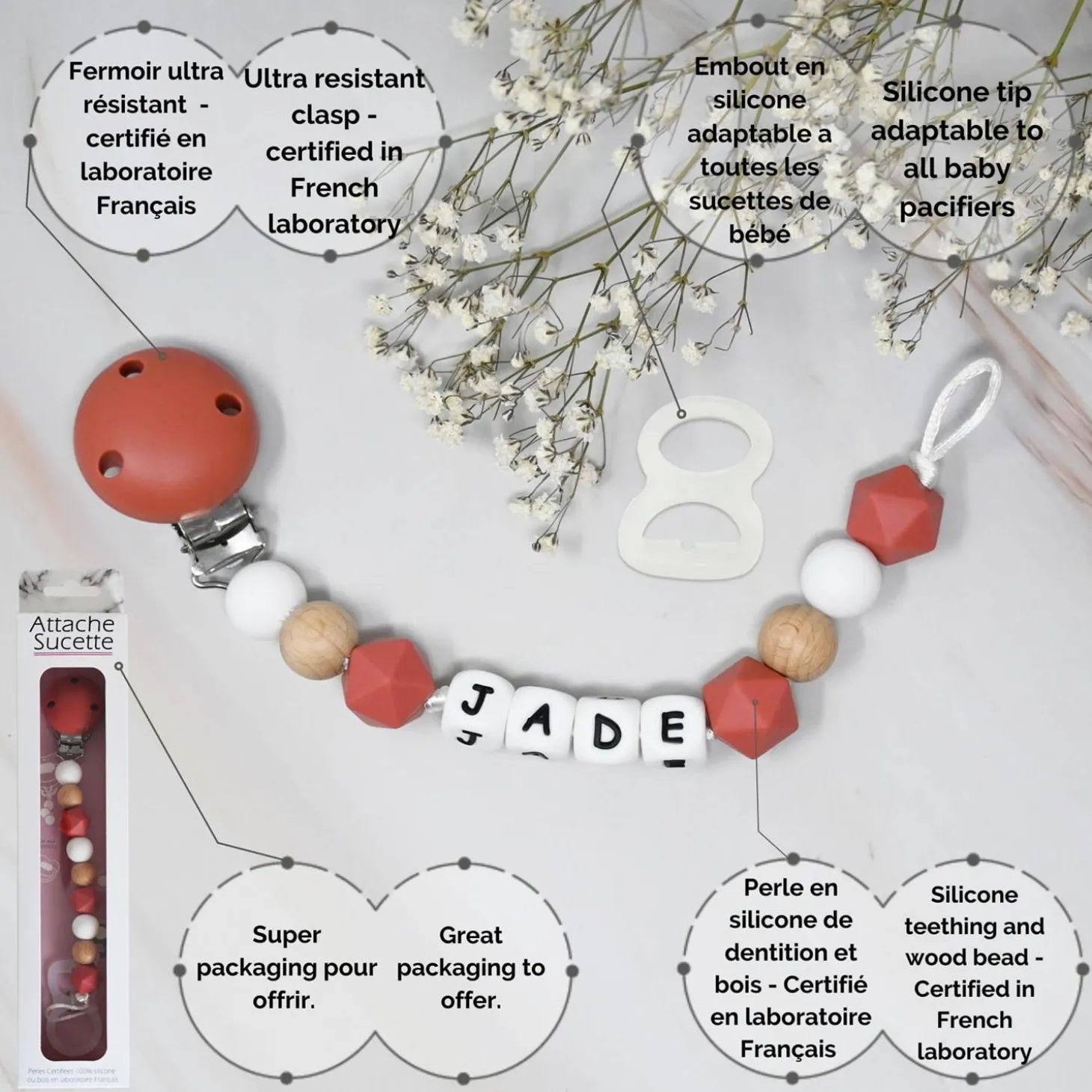 Irréversible Bijoux Attache-sucette silicone personnalisable rouille et bois 22 cm