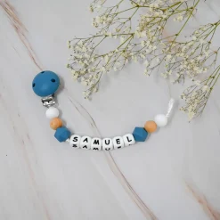 Irréversible Bijoux                    Attache-sucette silicone personnalisable    bleu pétrole et bois            22 cm