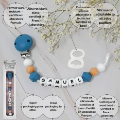 Irréversible Bijoux                    Attache-sucette silicone personnalisable    bleu pétrole et bois            22 cm