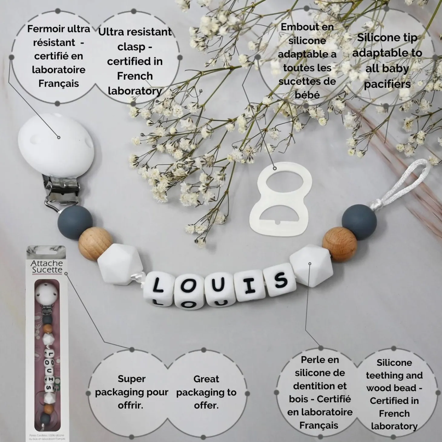 Irréversible Bijoux Attache-sucette silicone personnalisable bois et gris 22 cm