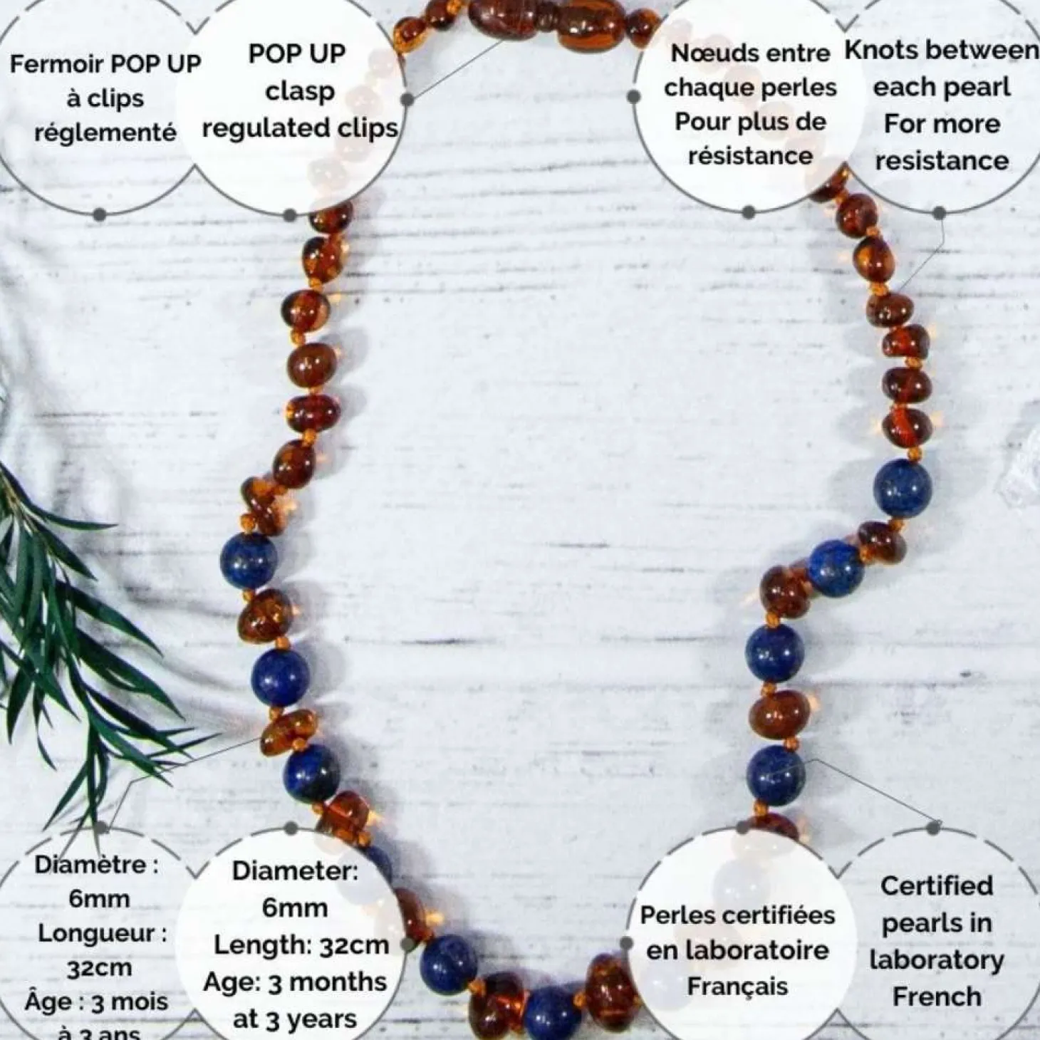 Irréversible Bijoux Collier Bébé Ambre et Pierre naturelle Cognac Et Lapis Lazuli 0-2 ans