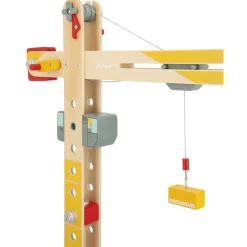 Janod Grande Grue en Bois - Grue Mobile - Hauteur 74 cm - 12 accessoires - Facile à manipuler Jaune