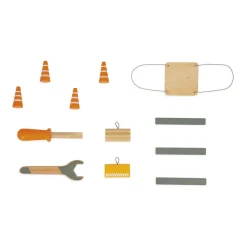 Janod                    Grande Grue en Bois - Grue Mobile - Hauteur 74 cm - 12 accessoires - Facile à manipuler    Jaune
