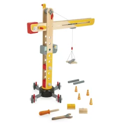Janod                    Grande Grue en Bois - Grue Mobile - Hauteur 74 cm - 12 accessoires - Facile à manipuler    Jaune