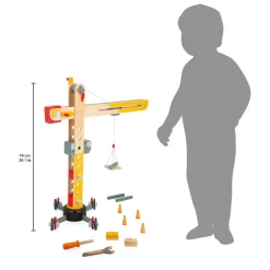 Janod                    Grande Grue en Bois - Grue Mobile - Hauteur 74 cm - 12 accessoires - Facile à manipuler    Jaune